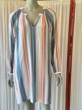 Xirena Sabrine Blue Striped Cotton Gauze V-Neck Mini Dress Long Sleeve Sz Small
